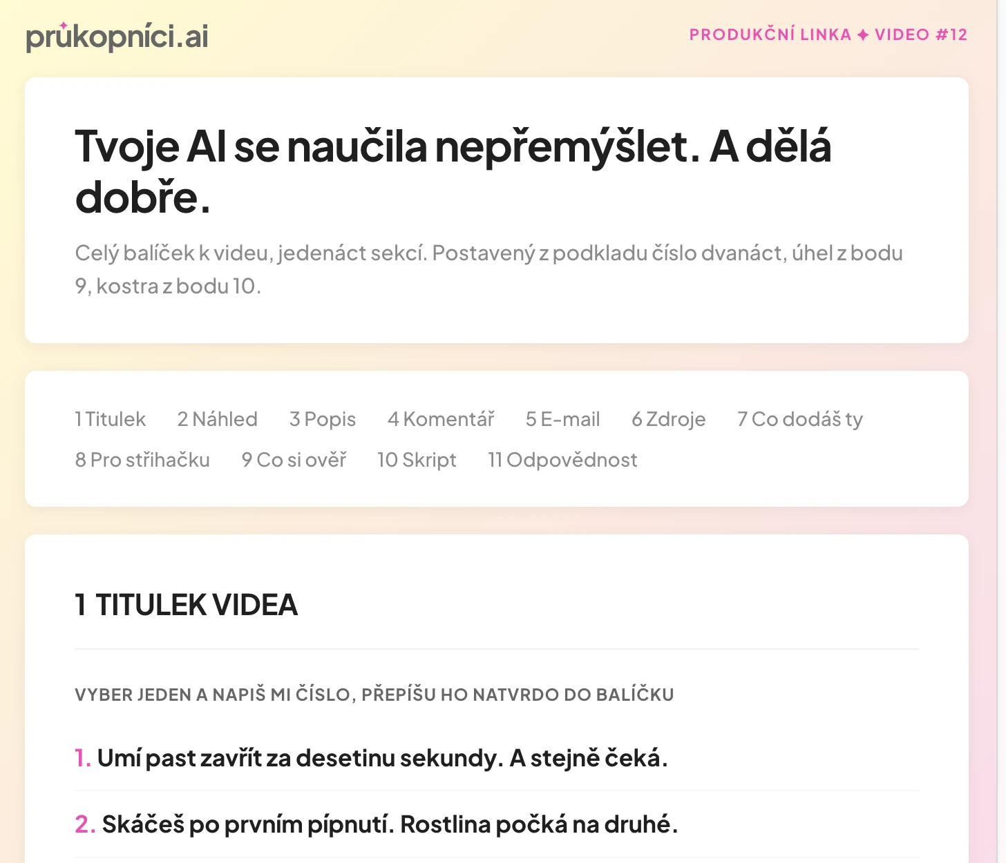 Produkční balíček k videu z PAIA YouTube produkce, jedenáct sekcí od titulku po skript